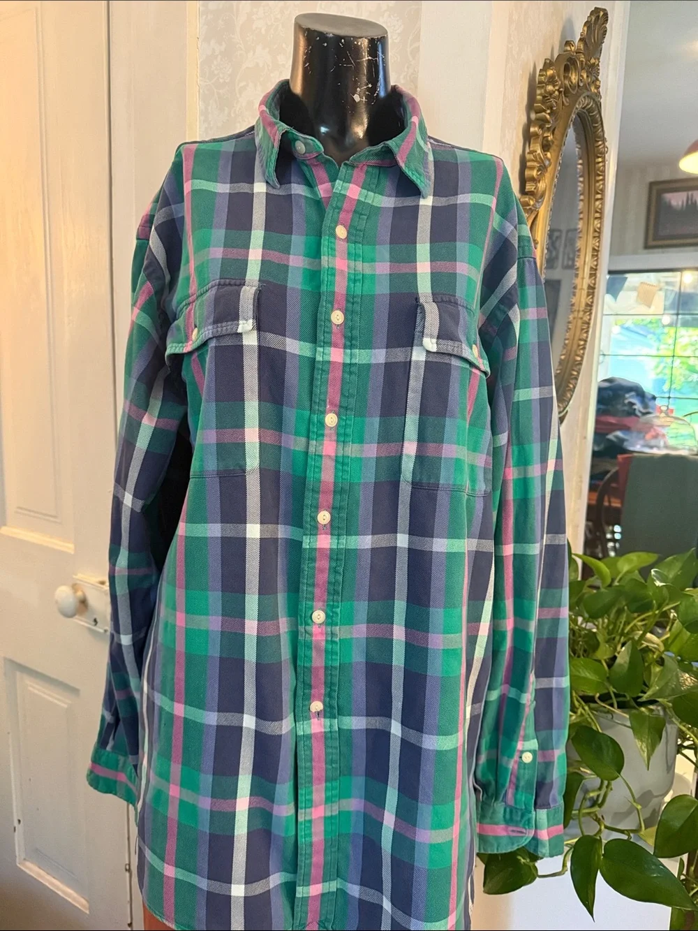 Men’s Vintage POLO Ralph Lauren Preppy Green Blue Pink Button Up Flannel Shirt L